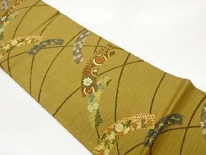 変わり地紙に草花・動物模様織出し洒落袋帯